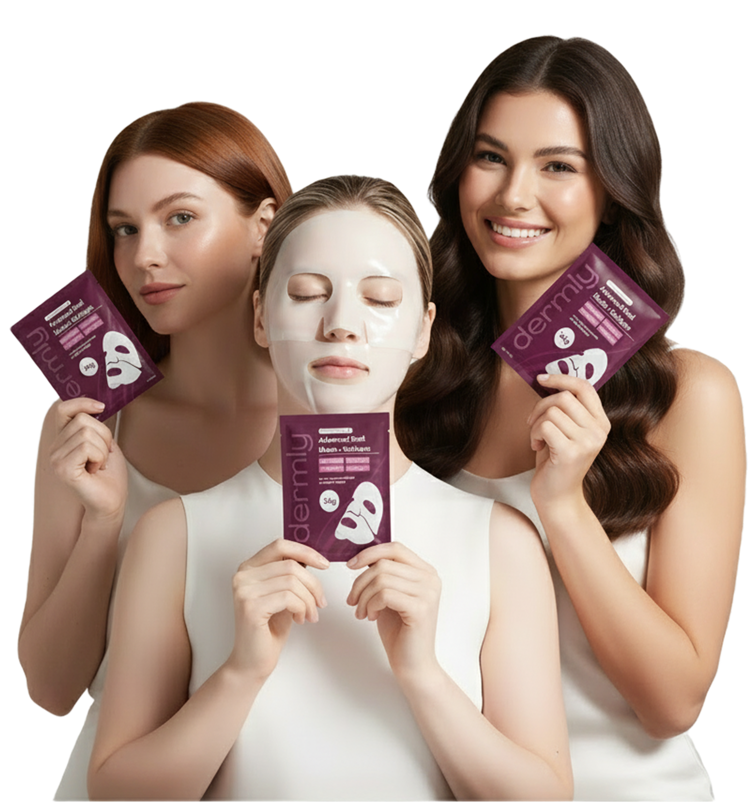 Three women holding facial mask packages against a white background